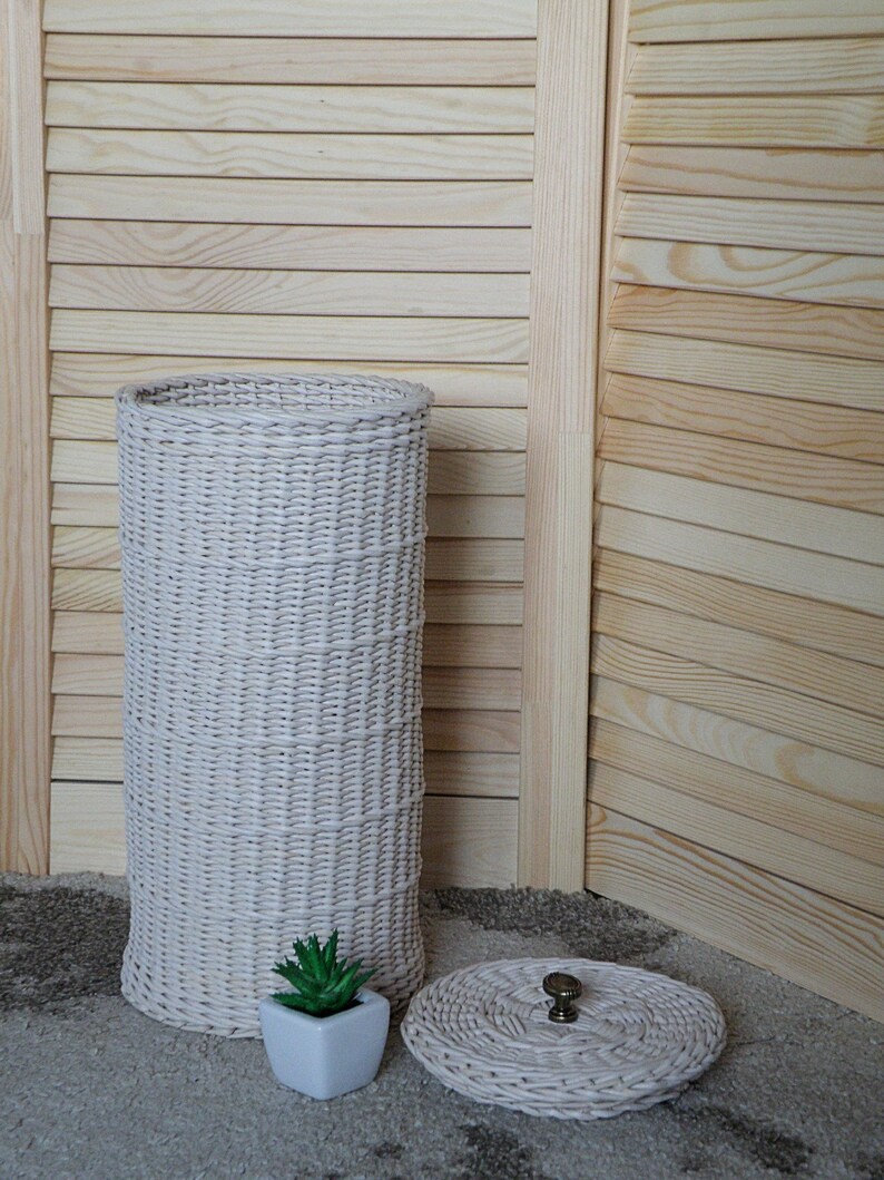 May include: A white wicker basket with a lid and a small potted plant. The basket is sitting on a light brown rug.