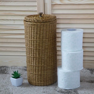May include: A wicker toilet paper holder with a lid and a stack of three white toilet paper rolls. A small potted succulent plant is in the foreground.