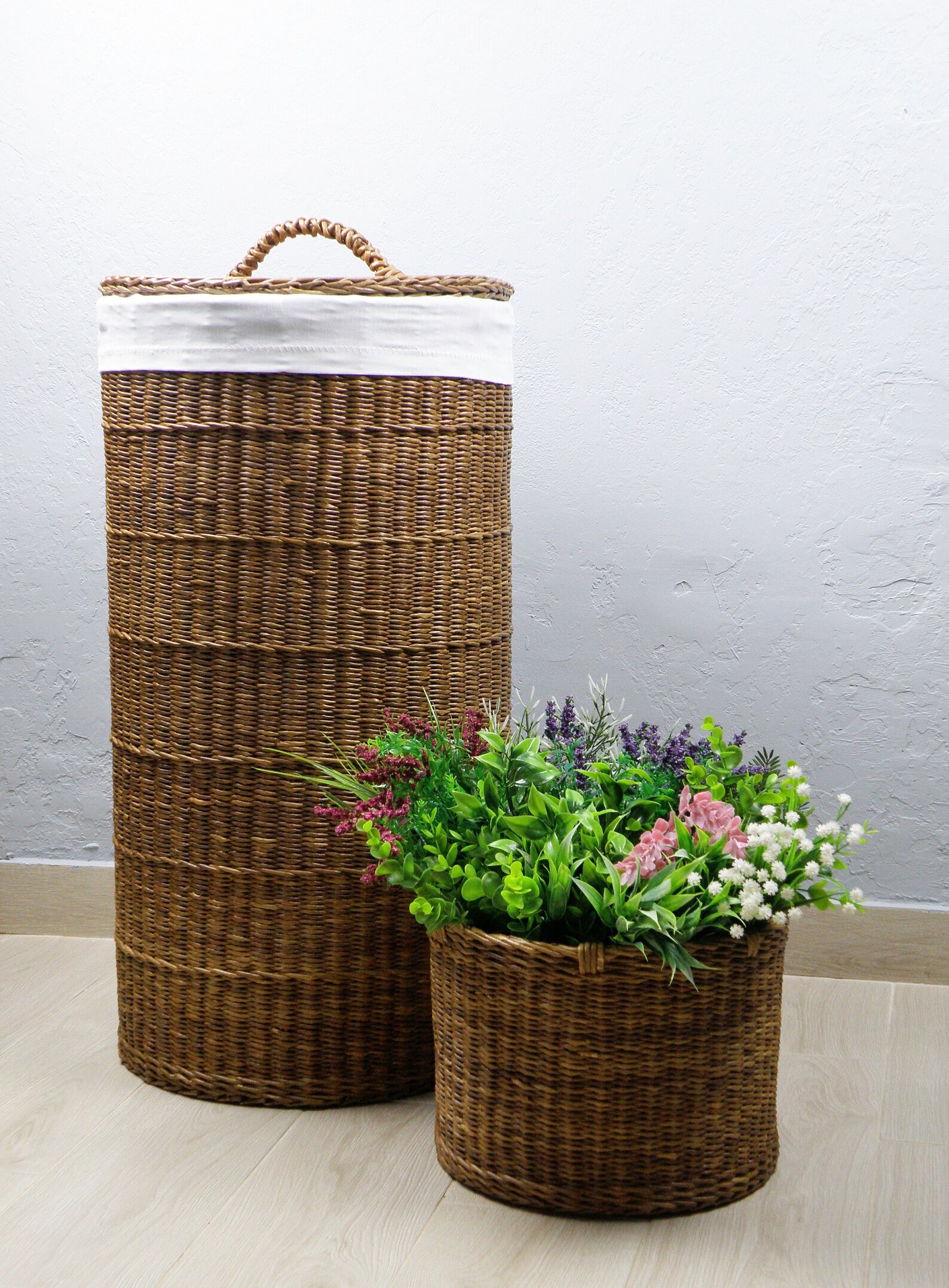 Tall laundry basket Wicker large basket with liner Round Etsy