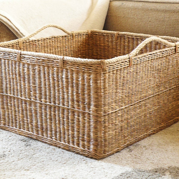 Wicker laundry basket Handwoven rectangle basket with handle Storage hamper basket Firewood basket Toy basket Woven large basket for blanket