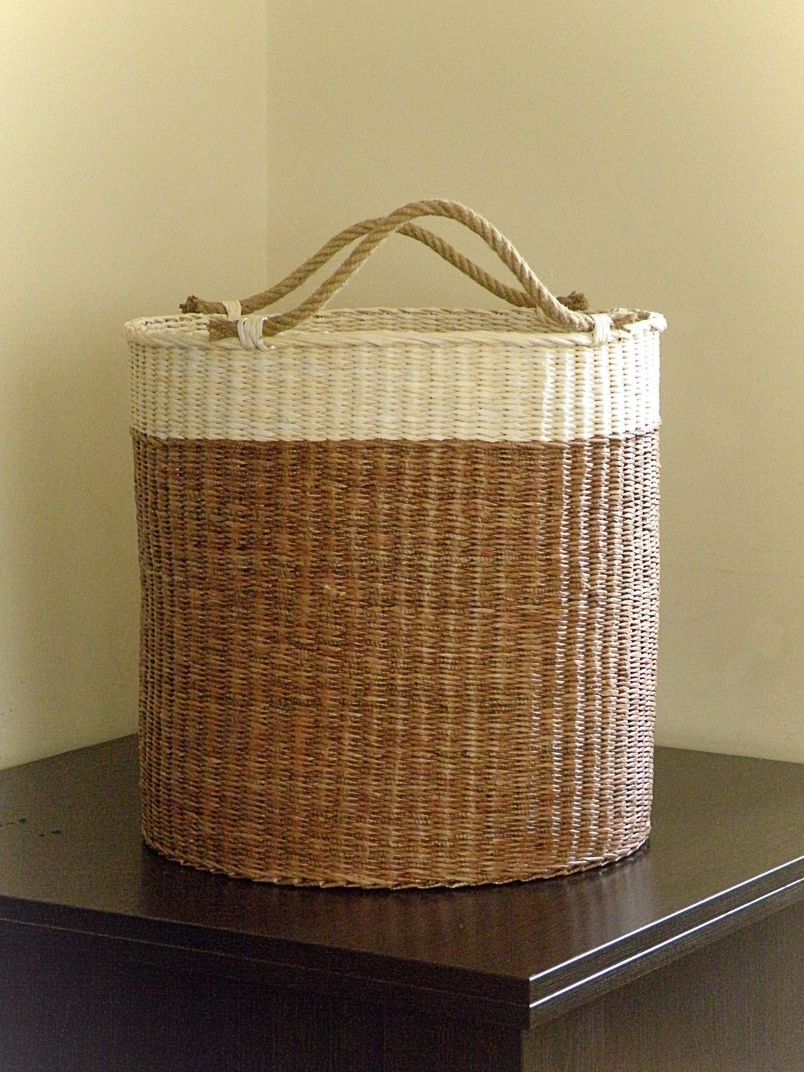 Tall wicker round basket with handle Two tone laundry basket Etsy