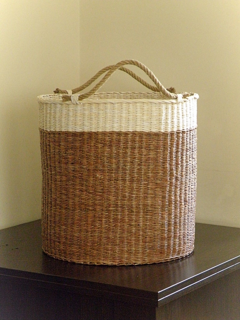 Tall Wicker Round Basket With Handle Two Tone Laundry Basket Woven ...