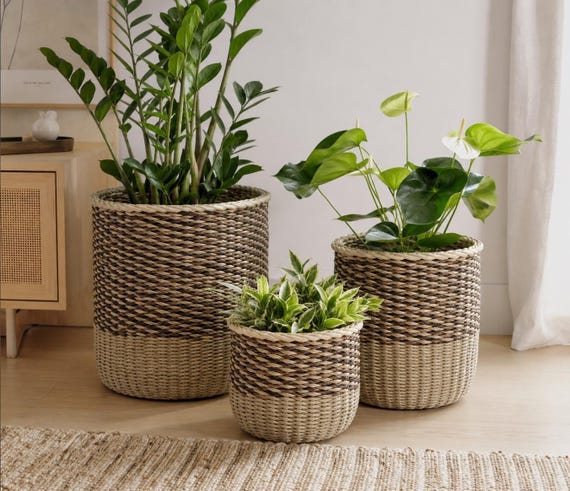 Weidenpflanzer stehen Korb Zebra geflochtener Korb Korb für Pflanzer Indoor Bodenpflanzenhalter Korb runder Korb Handgewebter Aufbewahrungskorb