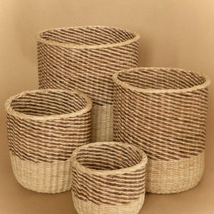 May include: A set of four cylindrical baskets woven from natural fibers. Each basket features a two-tone design with a light beige base and a spiraling pattern of dark brown and light beige twisted rope texture covering the upper portion.