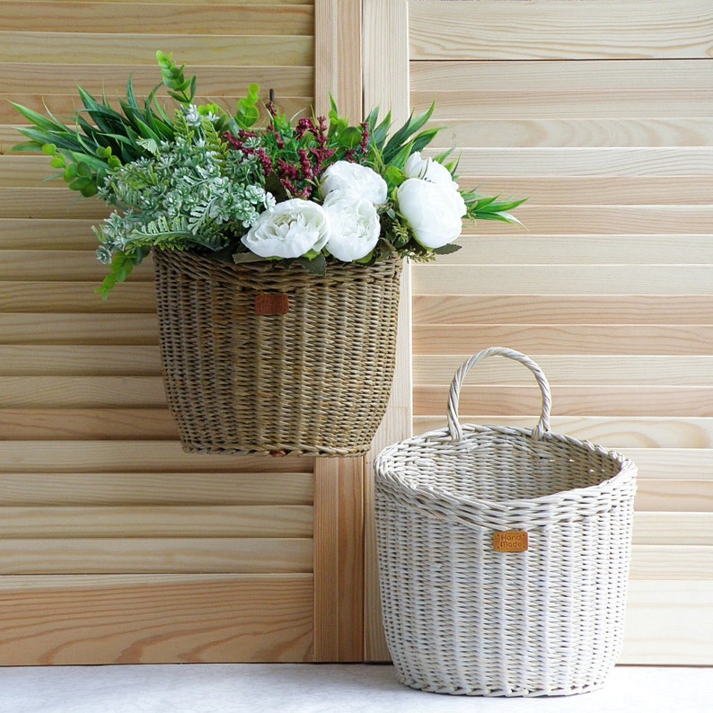 Wall hanging storage round basket Wall storage and organization Kitchen basket storage Rustic door basket Vegetable Fruit wicker baskets zdjęcie 1