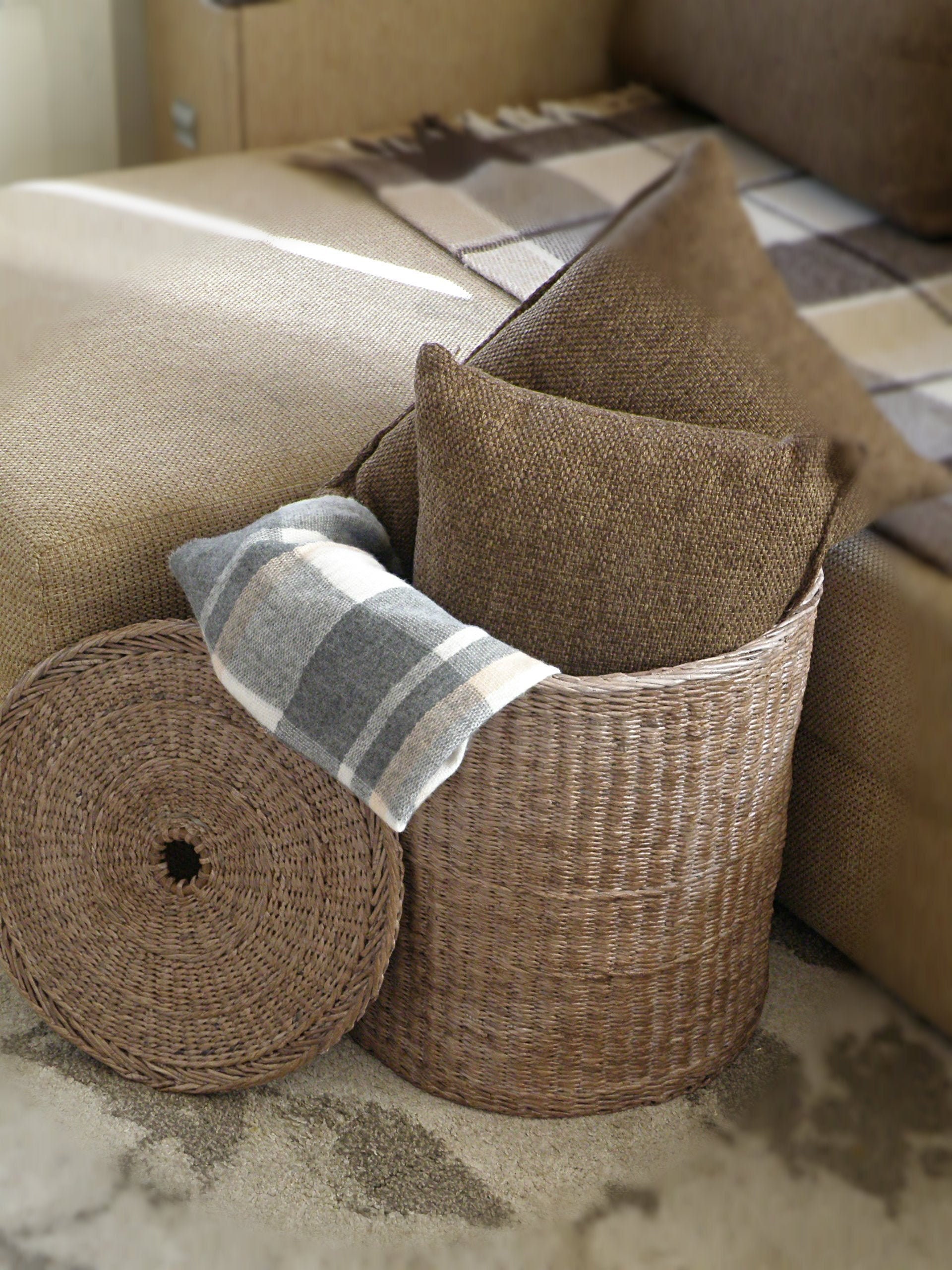 Tall wicker round brown basket with lid Deep laundry