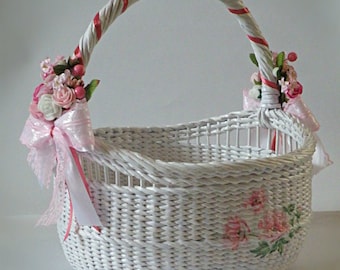 Easter egg wicker white round basket Easter large basket with handle Wedding basket Flower girl basket Storage basket Handwoven basket