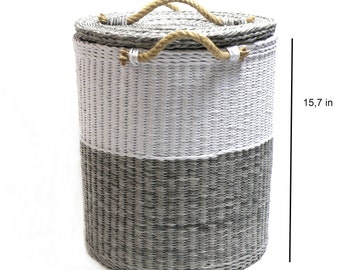 Panier de rangement tressé bicolore Panier à linge Panier tressé pour couverture et oreillers Panier à linge Panier à jouets Grand panier rond en osier avec couvercle