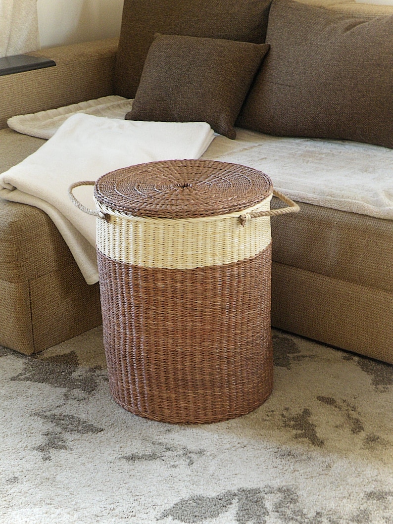 Large Wicker Round Basket With Lid Two Tone Woven Storage Etsy