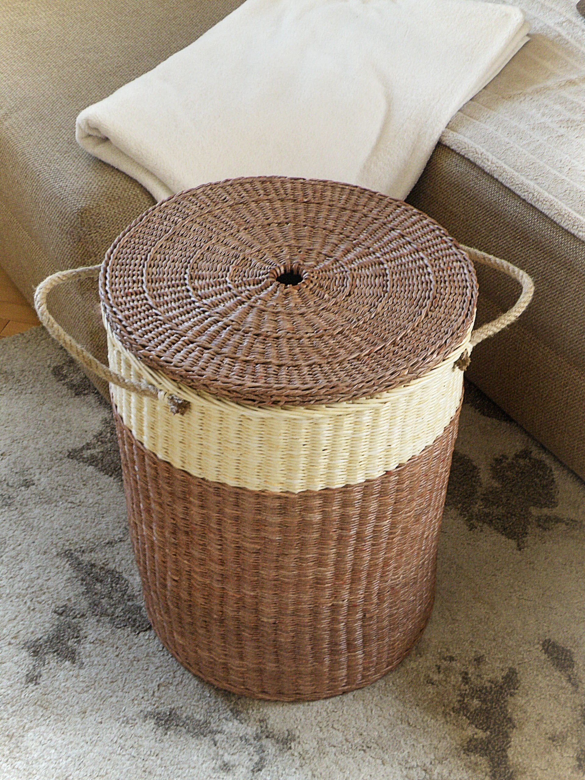 Large wicker round basket with lid Two tone woven storage Etsy