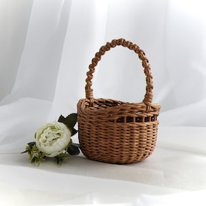 Flower girl basket with handle Rustic wedding basket Mini wicker basket Kids basket Round brown basket Small girl petals basket Easter