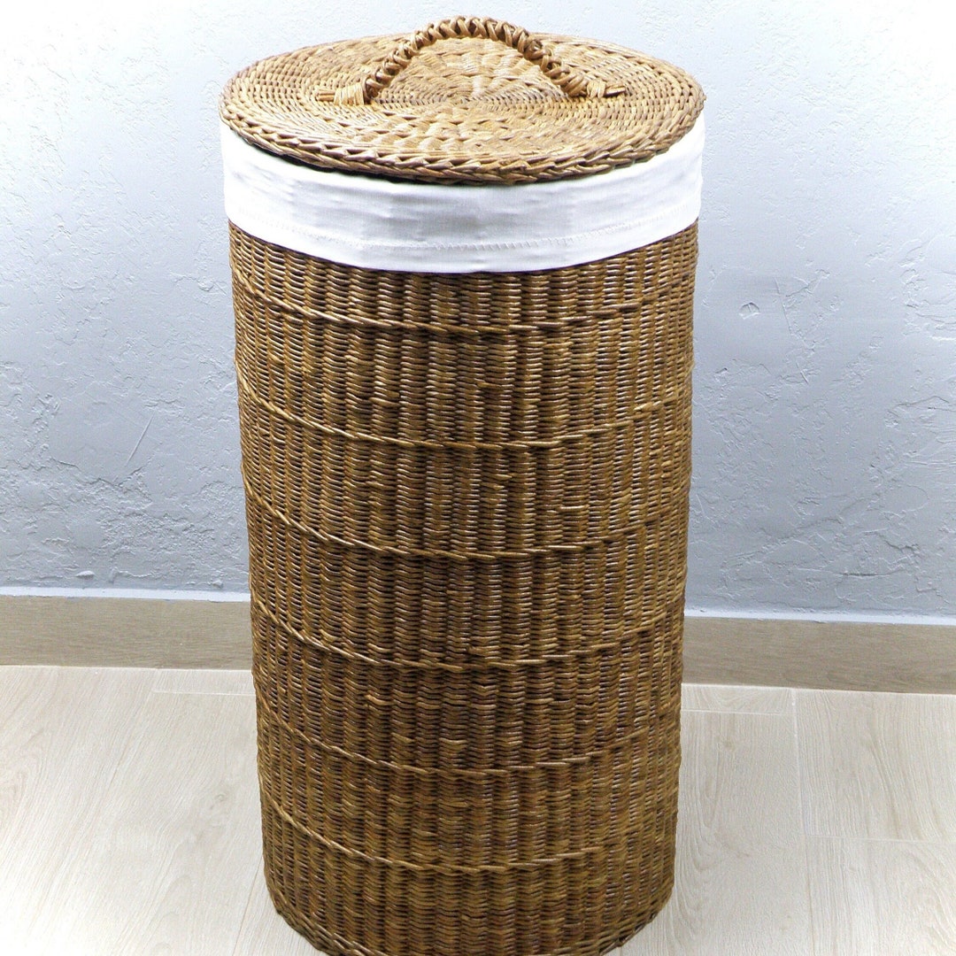 Tall Wicker Round Brown Basket With Lid Deep Laundry Basket Woven Large ...