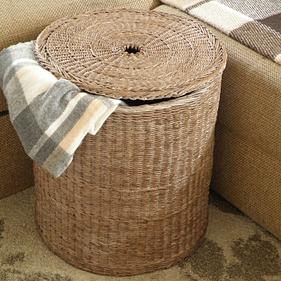 Tall Wicker Round Brown Basket With Lid Deep Laundry Basket Woven Large ...