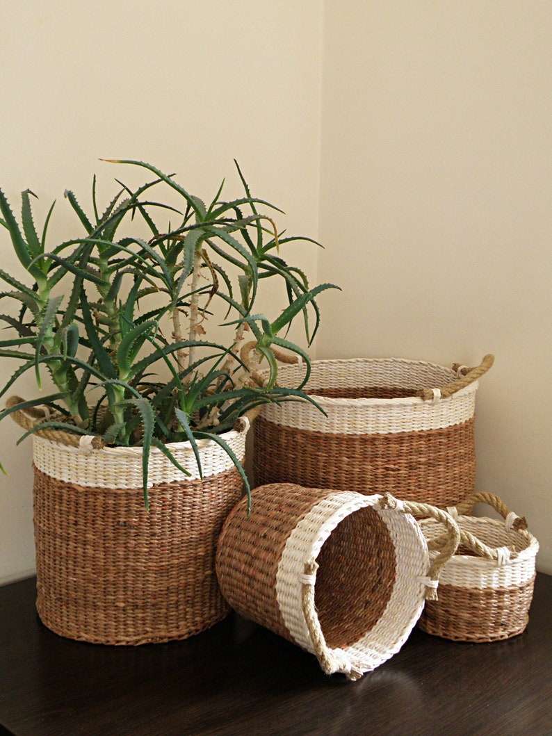 Two Tone Woven Storage Basket Planters Basket Laundry Wicker Etsy