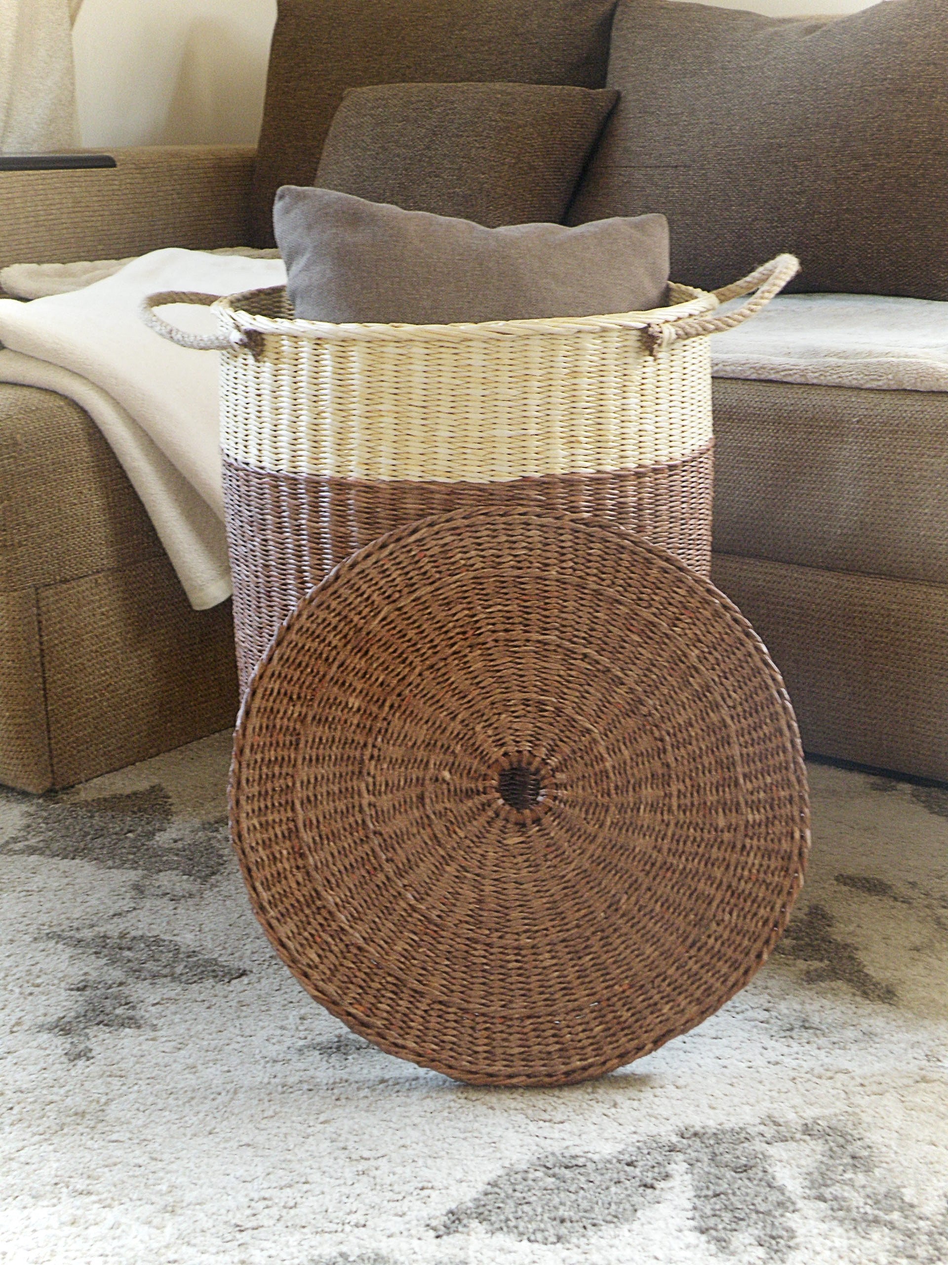 Large wicker round basket with lid Two tone woven storage Etsy
