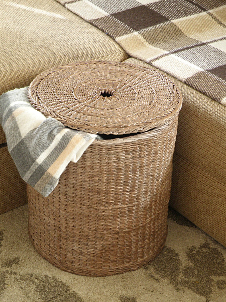 Tall Wicker Round Brown Basket With Lid Deep Laundry Basket Etsy