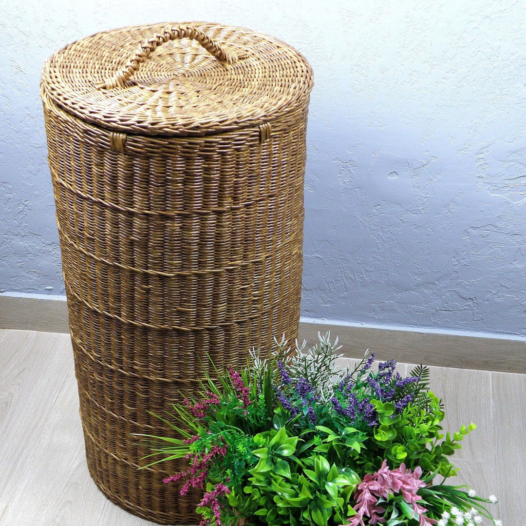 Tall Wicker Round Brown Basket With Lid Deep Laundry Basket Woven