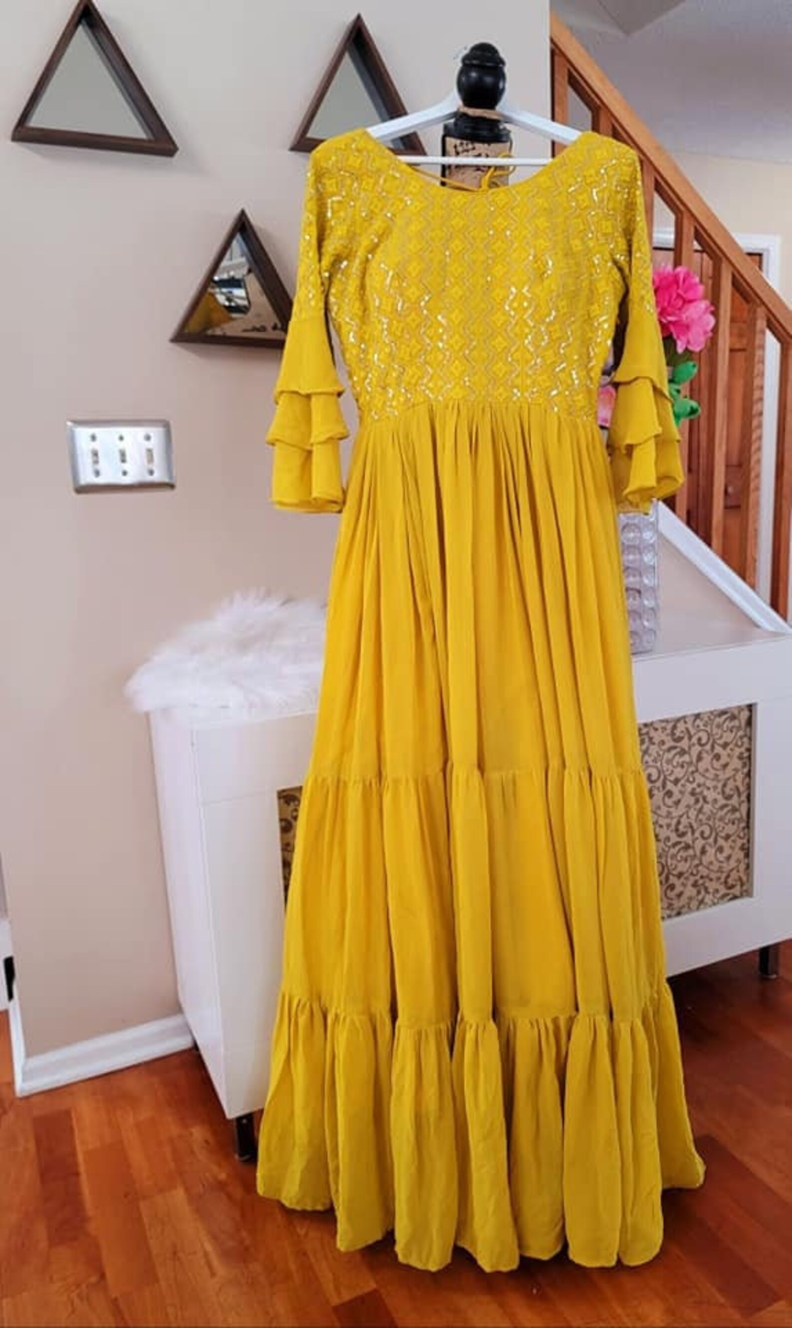 Yellow Mustard evening gown Flowy gown sequin gown Etsy