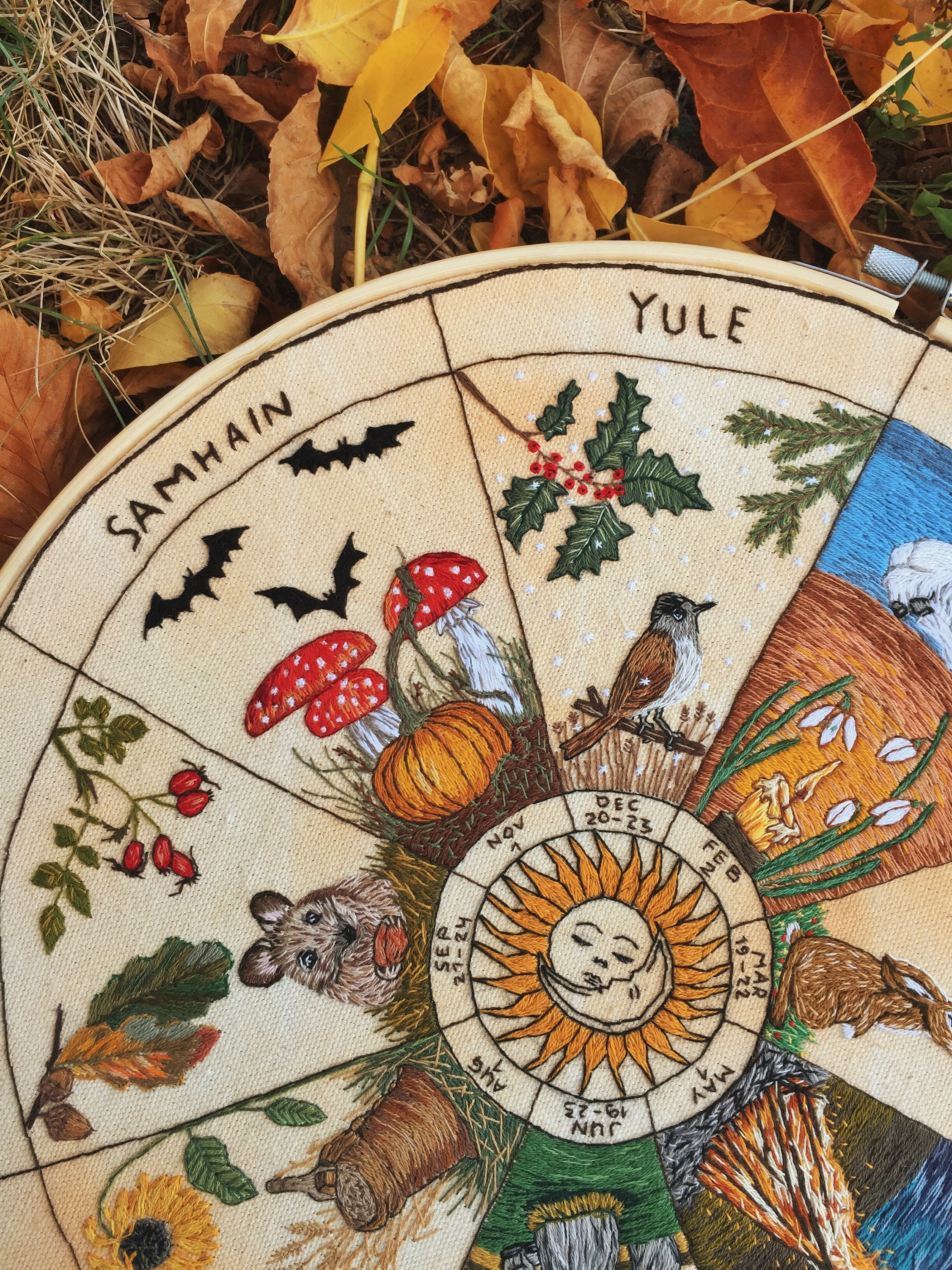 Wheel of the year Pagan wall decor Hand embroidery hoop