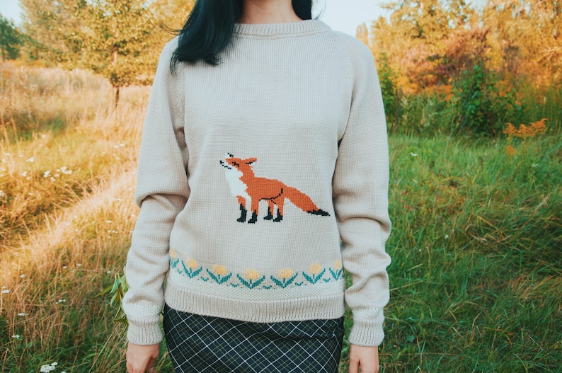 Fox knit sweater crew neck hand knitted beige women jumper Etsy