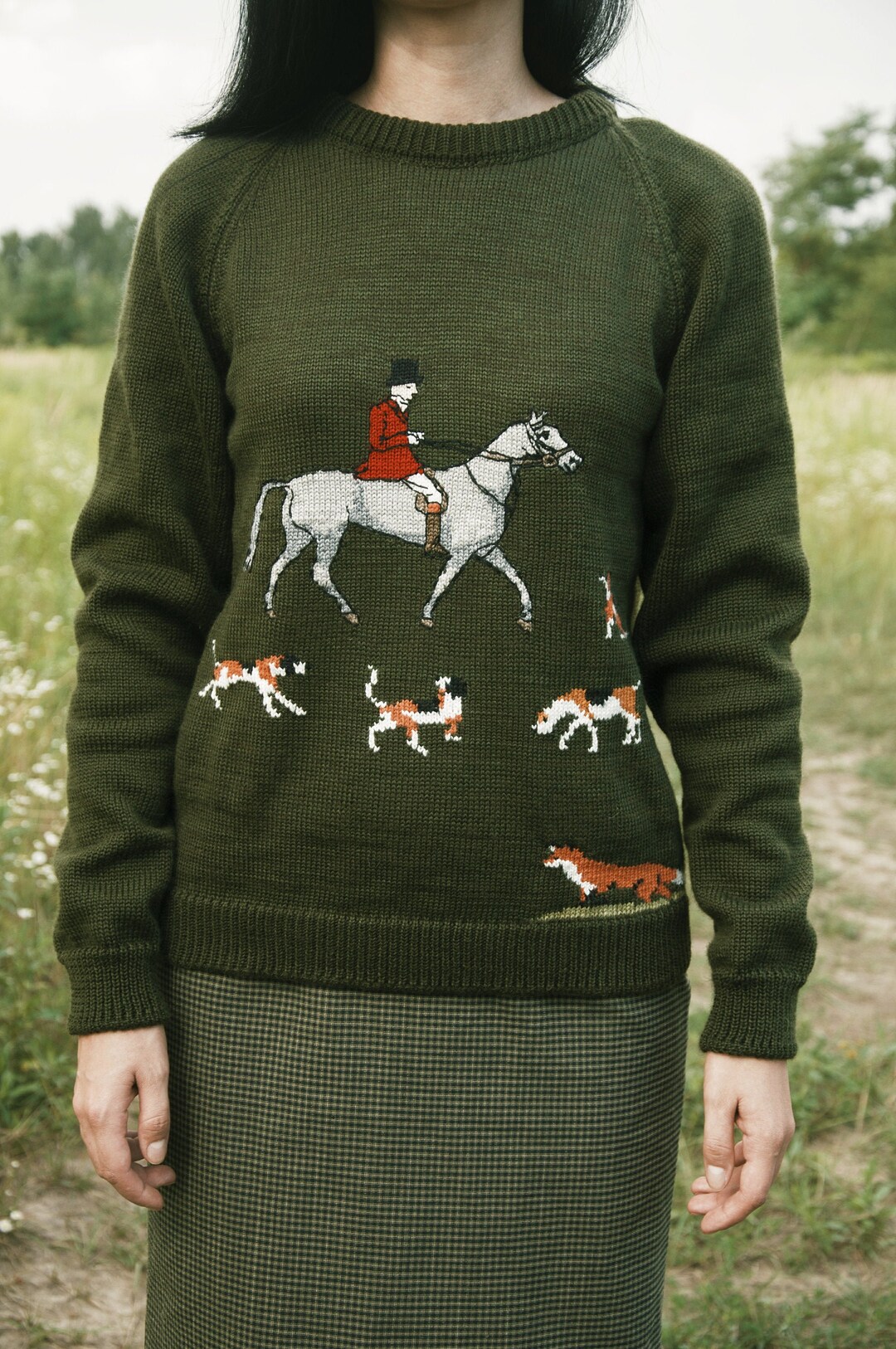 Knitted Green Sweater Animal Knitted Sweater Horse Riding Gift Etsy