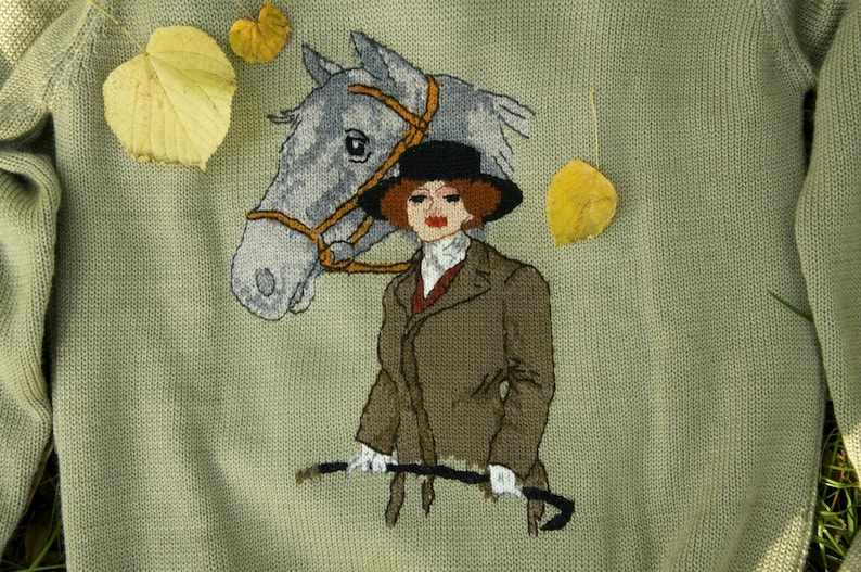 Animal sweater Fall knitwear Fox hunting hand knitted sweater Horse sweater Horse clothing English hunting handmade pullover