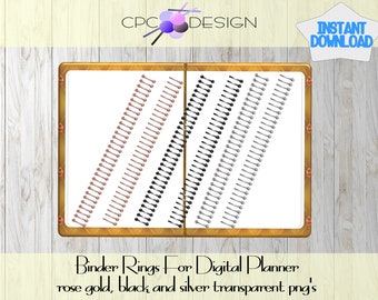 Binder Rings Pack for GoodNotes: Rose Gold, Black and Silver binder ring transparent png's.