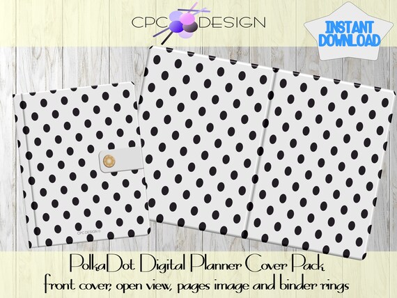 polka dot cover pack for goodnotes front view open view rose gold binder rings and blank pages image binder front cover
