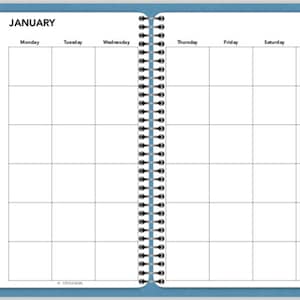May include: A blank monthly calendar planner with a blue cover and a spiral binding. The calendar is divided into seven columns for each day of the week, with the month of January at the top.