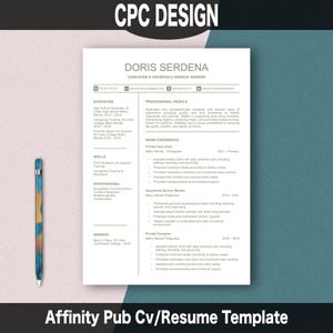 May include: A resume template with the text "DORIS SERDENA CAREGIVER & HOUSEHOLD SERVICE WORKER" in a professional layout. The template includes sections for education, skills, and work experience. A colorful pen is on the left.