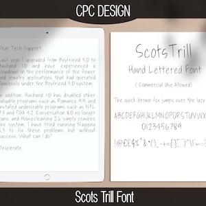 Peut inclure: Une tablette numérique affiche une demande d'assistance technique humoristique. À côté, une feuille présente la police manuscrite "Scots Trill", comprenant l'alphabet, les chiffres et les symboles. La police est à usage commercial.
