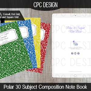 Könnte beinhalten: Ein digitales Tablet zeigt eine Website für "Polar 30 Subject Composition Note Book" mit einem violetten Logo und Social-Media-Symbolen. Die Website befindet sich auf einer Holzoberfläche mit einem Stapel von fünf Heftern in Grün, Blau, Gelb und Rot.