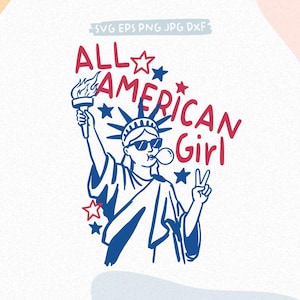 Op de afbeelding: Een patriottische illustratie van het Vrijheidsbeeld met een zonnebril en een kauwgomblaas. De tekst "ALL AMERICAN GIRL" wordt in rood en blauw met sterren weergegeven. Het Vrijheidsbeeld houdt een fakkel vast en maakt een vredesteken.
