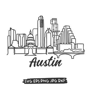 Austin Texas Skyline PNG SVG Cut File, ATX Minimalist Line Art Vector Drawing, Printable Digital Download for Shirts Mugs Crafts