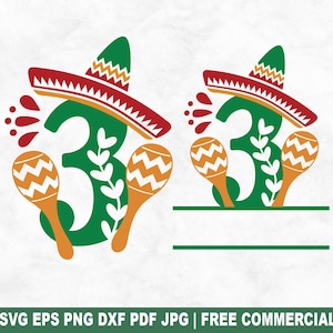 Fiesta Geburtstag Nr. 3 SVG Schnittdatei, 3 Jahre alt SVG für Cricut Silhouette, Sombrero Split Monogramm druckbare PNG für Shirts Tassen Kunsthandwerk
