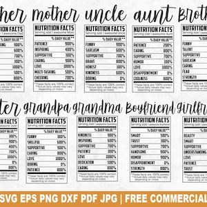 Ensemble SVG valeur nutritive familiale, étiquette de famille drôle fichier coupe SVG pour Silhouette Cricut, portion PNG imprimable pour chemises, tasses, travaux manuels