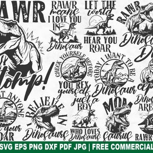 Dinosaur SVG Bundle, Dinosaur Prehistoric Jurassic SVG Cut File for Cricut Silhouette, Funny Dino Printable PNG for Shirts Mugs Crafts