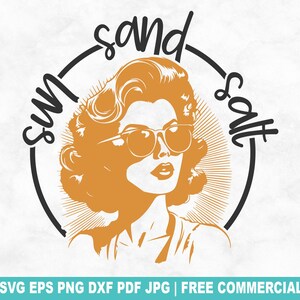 Fichier de coupe SVG soleil sel sable, plage vintage rétro fille de plage SVG pour Silhouette Cricut, Old School Summer PNG imprimable pour chemises tasses artisanat