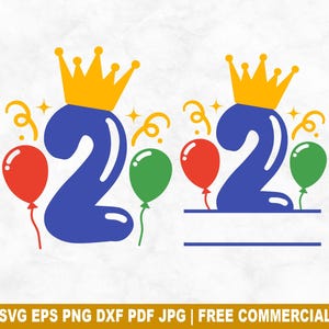 Luftballons Geburtstag Nr. 2 SVG Schnittdatei, 2 Jahre alt SVG für Cricut Silhouette, Geburtstag Split Monogramm druckbare PNG für Shirts Tassen Kunsthandwerk
