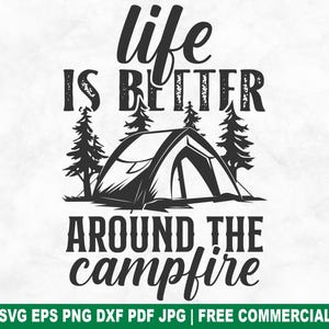 Archivo SVG de corte "Vida alrededor de una fogata", SVG de aventura en tienda de campaña para Cricut Silhouette, PNG imprimible de naturaleza de verano para camisetas, tazas y manualidades.