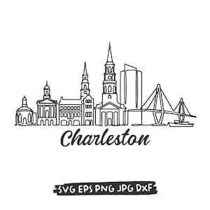 May include: A black and white line drawing of the Charleston, South Carolina skyline. The image includes the city's architecture, a bridge, and the word "Charleston" in cursive. The image also includes the file types: SVG EPS PNG JPG DXF.