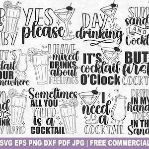Pacchetto SVG di cocktail, file di taglio SVG per cocktail estivi da spiaggia per Cricut Silhouette, PNG stampabile per vacanze per magliette, tazze e lavoretti