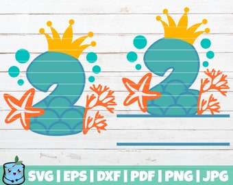 Mermaid Birthday Number Two SVG Cut File | Split Monogram SVG | commercial use | instant download | printable vector | Happy Birthday SVG