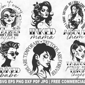 Tattoo Girl SVG Bundle, Tattoo Sassy Girl SVG Cut File for Cricut Silhouette, Inked Woman Printable PNG for Shirts Mugs Crafts