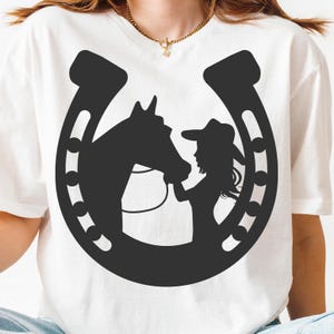 Girl Kissing Horse PNG SVG Cut File, Horseshoe Cowgirl Svg for Cricut Silhouette, Southern Western Printable Png for Shirts Mugs Crafts