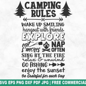 Archivo SVG de reglas de acampada, SVG de aventura de acampada para Cricut Silhouette, PNG imprimible de naturaleza salvaje de verano para camisetas, tazas y manualidades.