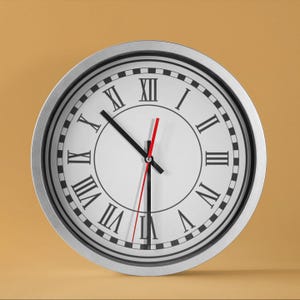 May include: A silver-framed clock with Roman numeral markings and black hour and minute hands. The clock face is white with black markings and a red second hand.