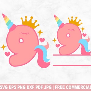 Fichier de coupe SVG Licorne anniversaire n° 9, 9 ans anniversaire fille SVG pour Cricut Silhouette, monogramme PNG imprimable pour chemises tasses artisanat