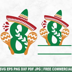 Fiesta Geburtstag Nr. 8 SVG Schnittdatei, 8 Jahre alt SVG für Cricut Silhouette, Sombrero Split Monogramm Druckbare PNG für Shirts Tassen Kunsthandwerk