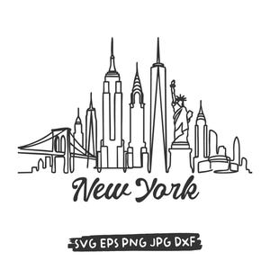 Può includere: Illustrazione in bianco e nero dello skyline di New York, con il ponte di Brooklyn, l'Empire State Building e la Statua della Libertà. La parola "New York" è scritta in corsivo sotto.